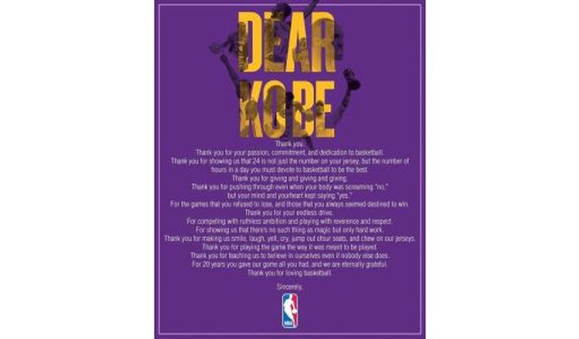 NBA'den Kobe Bryant’a özel mektuplu teşekkür